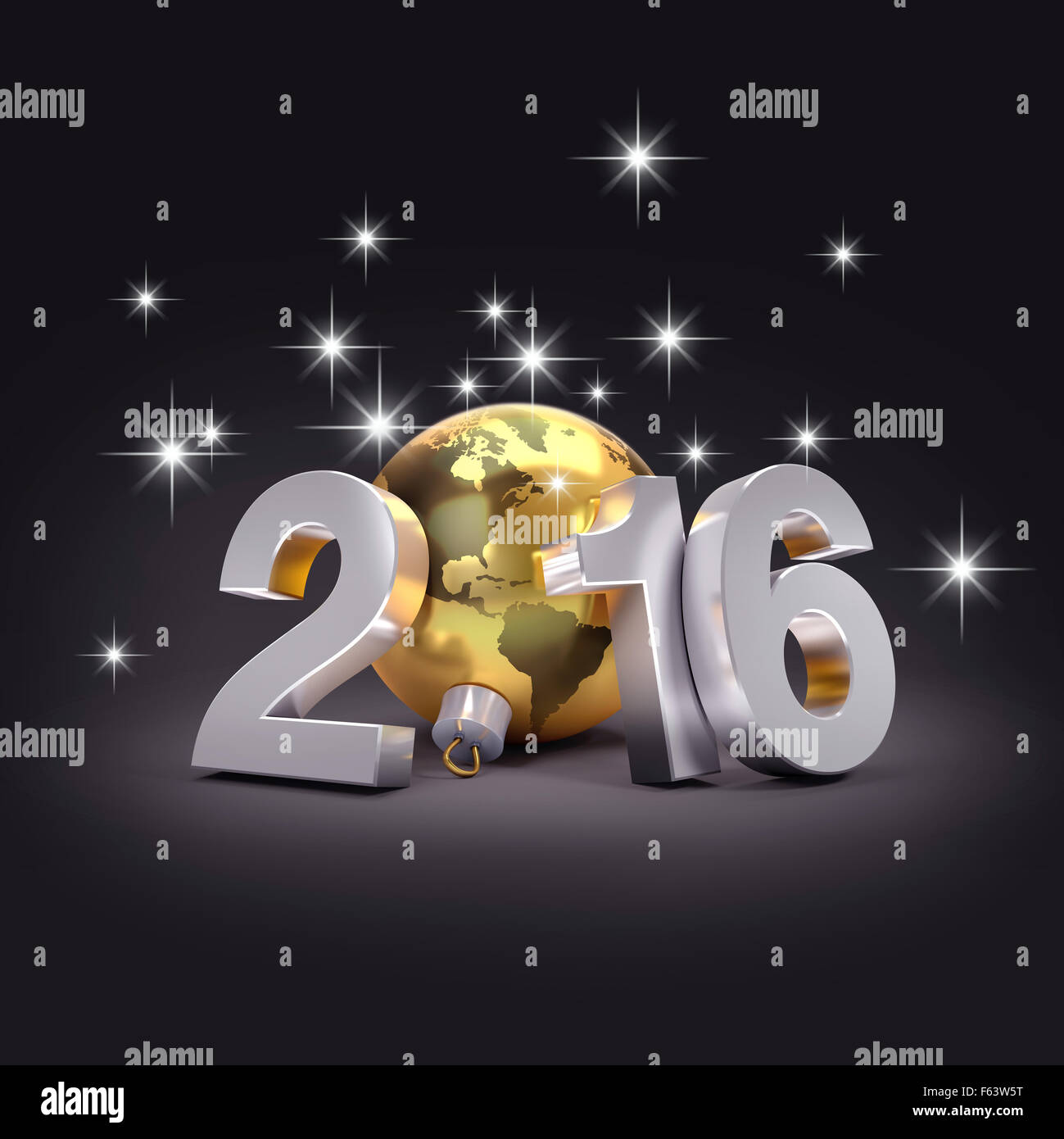 Neues Jahr 2016 3D-Konzept mit Planetenerde in eine goldene Weihnachtskugel Stockfoto