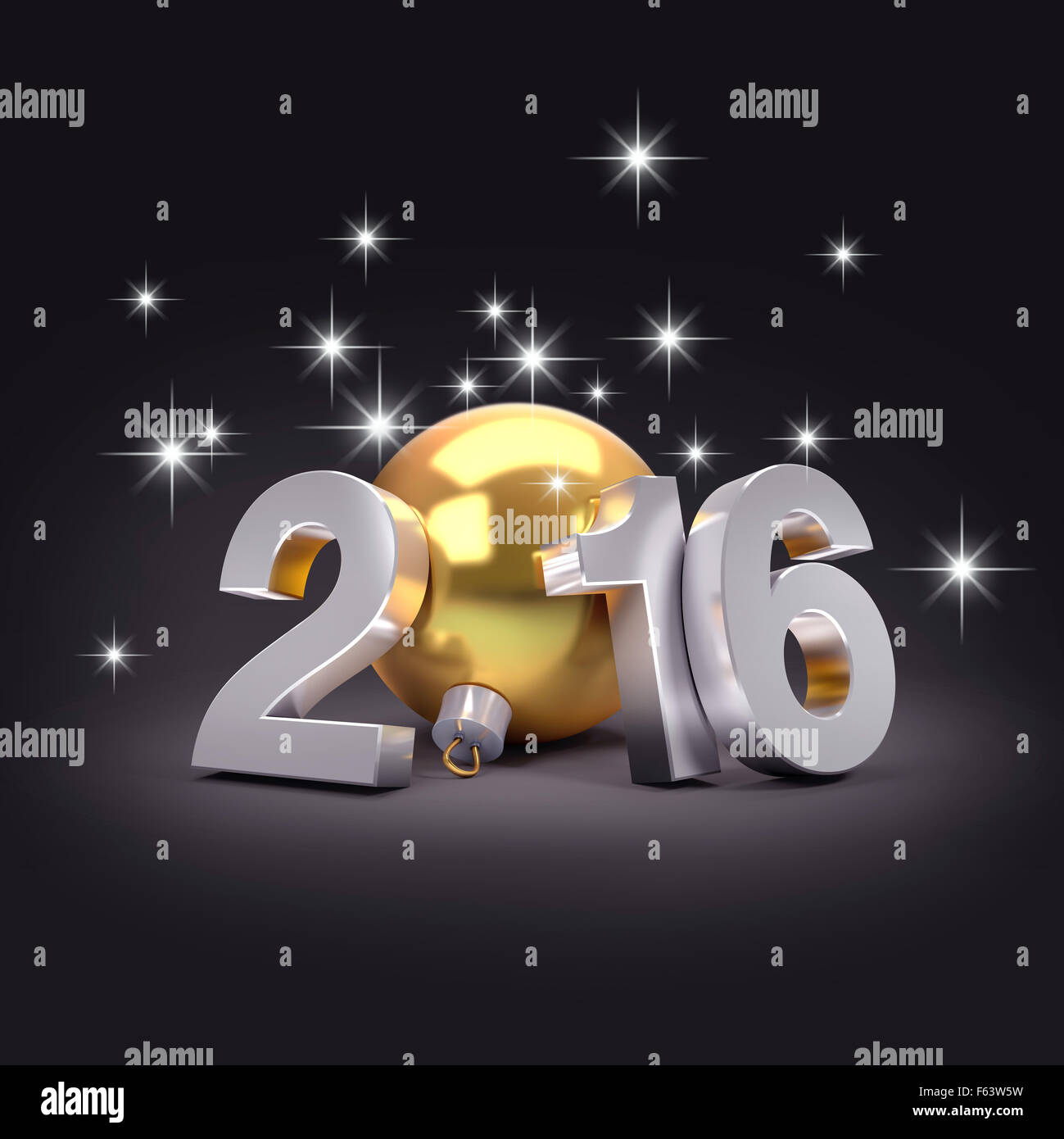 Neues Jahr 2016 3D-Konzept mit gold Weihnachtskugel und helle Sterne Stockfoto