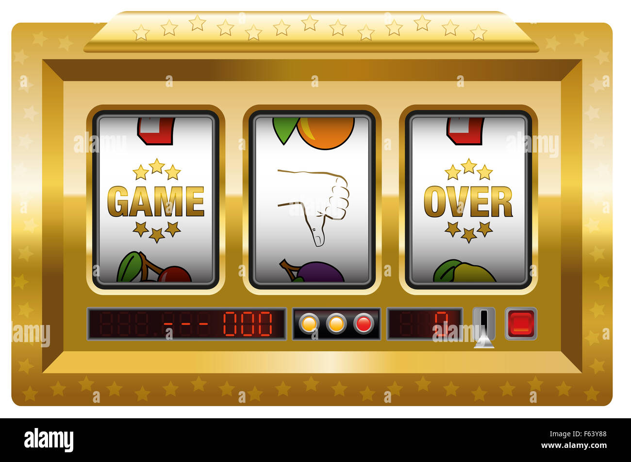 Spielende - golden-Spielautomat mit drei Walzen Schriftzug GAME OVER und einen Daumen nach unten Symbol. Stockfoto