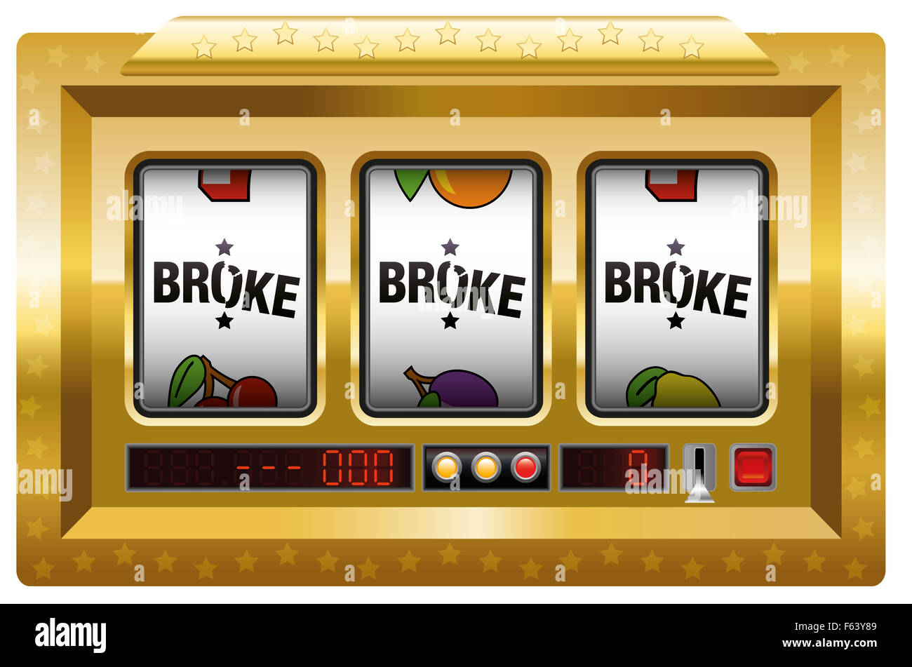 Brach - Spielautomat mit drei Walzen Schriftzug BROKE. Abbildung auf weißem Hintergrund. Stockfoto