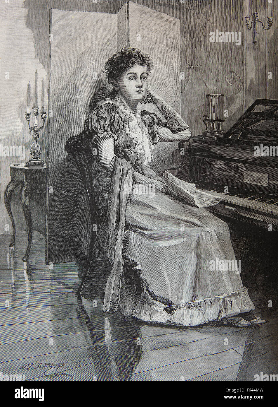 Viktorianische Dame blickte in den Weltraum auf wunderliche Weise am Klavier sitzen Stockfoto