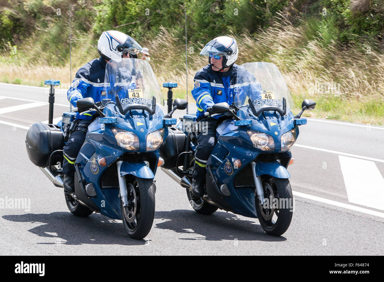 Süden, Frankreich, Tour de France, Wiggins, Esperaza, bike, Polizei, Gendarm Tour unterstützen Fahrzeug Motorräder. Limoux, Foix, Juli 2012. Stockfoto