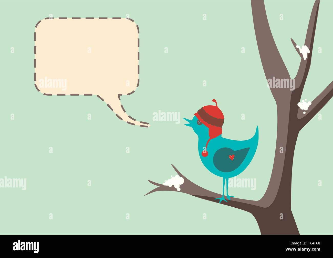 Winter-Stil-Vektor von einem niedlichen Vogel trägt einen Hut, sitzt im Baum mit Schnee, komplett mit Sprechblase Stock Vektor