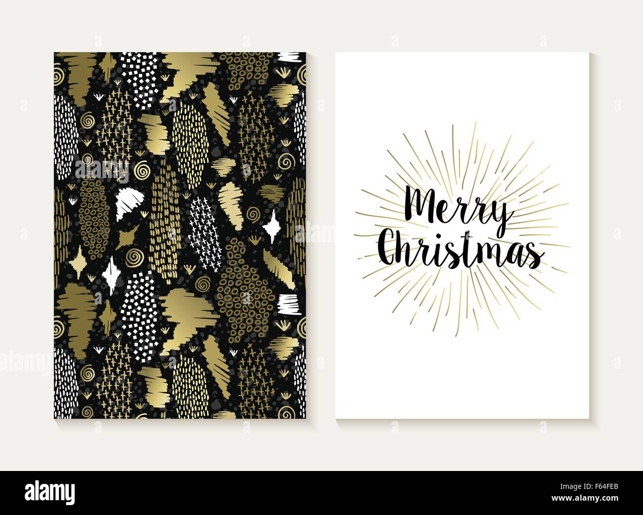 Merry Christmas Card Template set mit Retro-tribal Style nahtlose Muster und trendige Xmas Text in gold metallic-Farbe. Stock Vektor