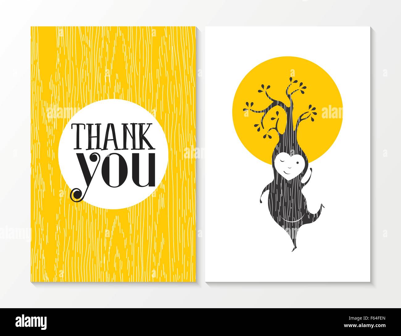 Danke Grußkarte set mit gelben Holzstruktur Hintergrund und glückliche Baum Elfen tanzen. Ideal für Erntedankfest oder Freund Stock Vektor