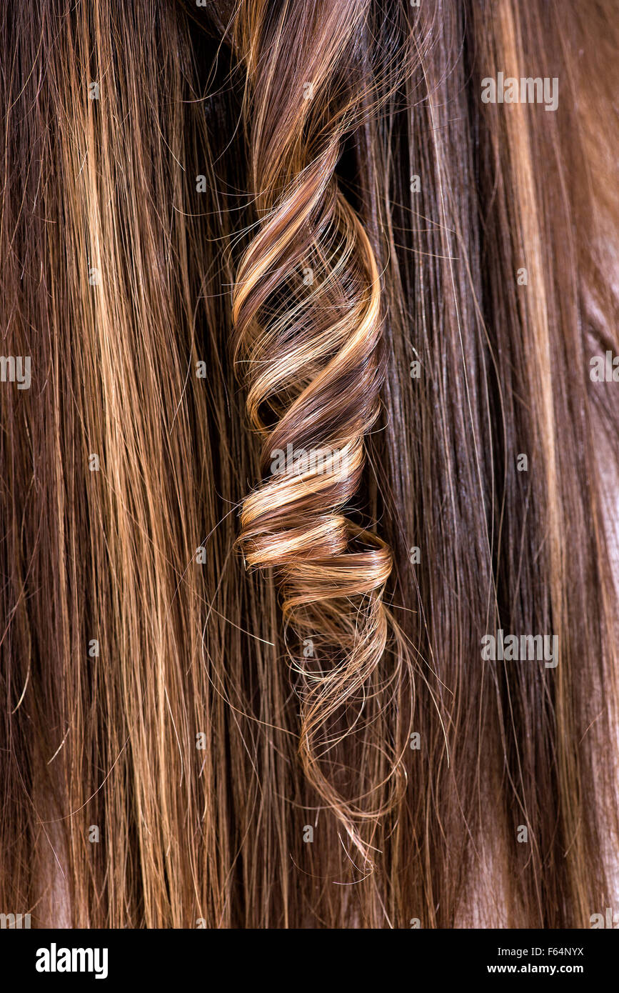 Einzelne gewellt Ringel braune Haare mit farbigen Highlights in einem hairstyling Stockfoto