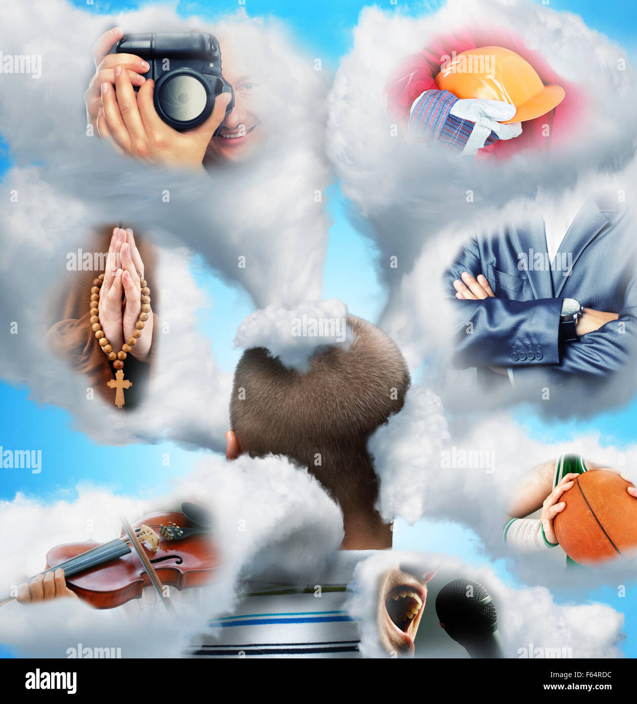 Männer-Kopf in den Wolken stellt verschiedene Berufe Stockfoto