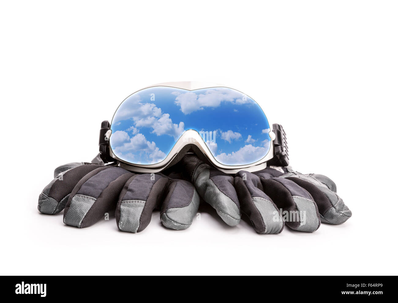 Winter Sportbrille und Handschuhe isoliert auf weißem Hintergrund Stockfoto
