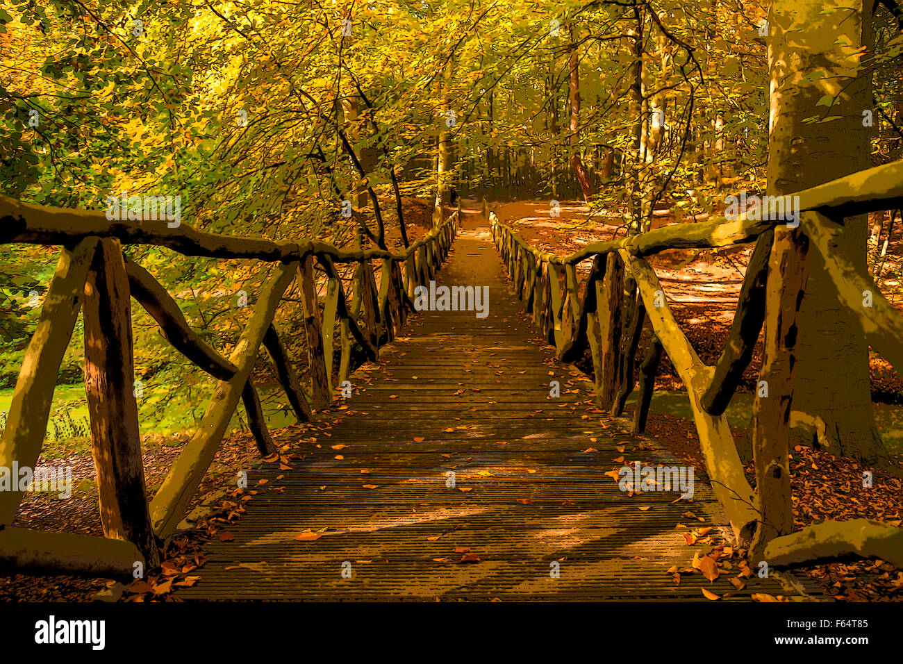 Bridge-Blick in fallen Pracht Elswout, ein Landschaftspark in Overveen, Nordholland, Niederlande. Stockfoto