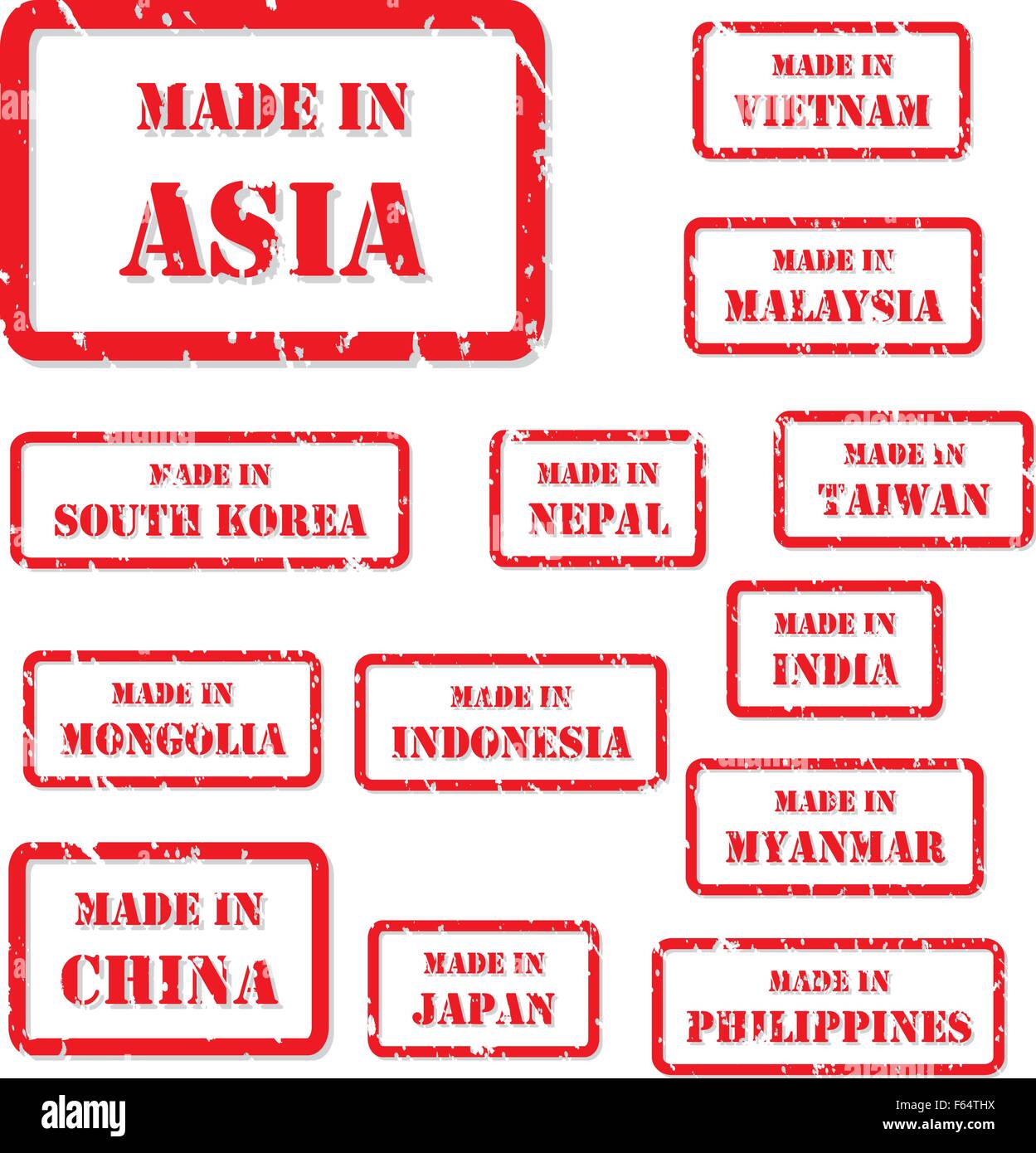 Set von roten Stempel Made In Symbole für Asien Stock Vektor