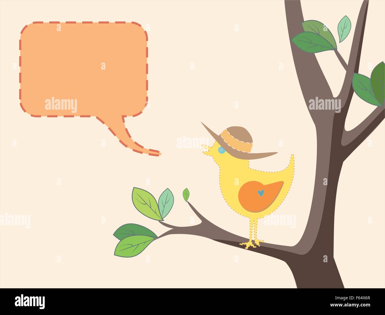 Saisonale Abbildung von einem niedlichen Vogel mit einem Sommerhut auf einem Baum mit grünen Blättern Stock Vektor