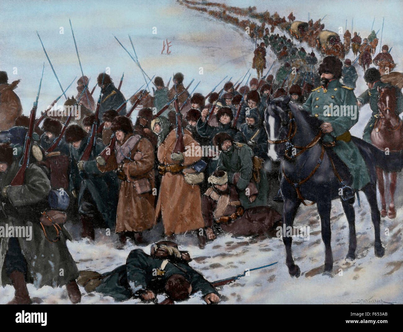 Russo-japanischer Krieg (1904-1905). Spalte von japanischen Soldaten marschieren unter der Kälte und Müdigkeit bekämpfen. Gravur. Farbige. Stockfoto