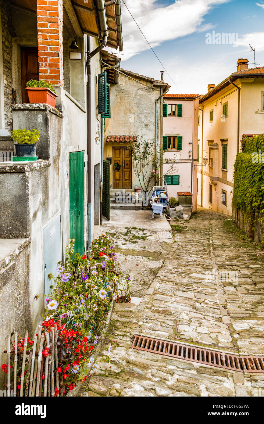 Gassen im mittelalterlichen Bergdorf in der Toskana zeichnet sich durch Häuser mit Mauern aus Steinen abgeleitet aus der Renaissance: typisch italienisch Details wie Töpfe mit Blumen und Wäscheständer mit Kleidern hängen zum Trocknen Stockfoto