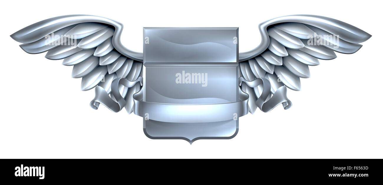 Ein geflügelter Silber Metall Stahlschild heraldische Wappen Wappen Design mit einem Banner scroll Stockfoto