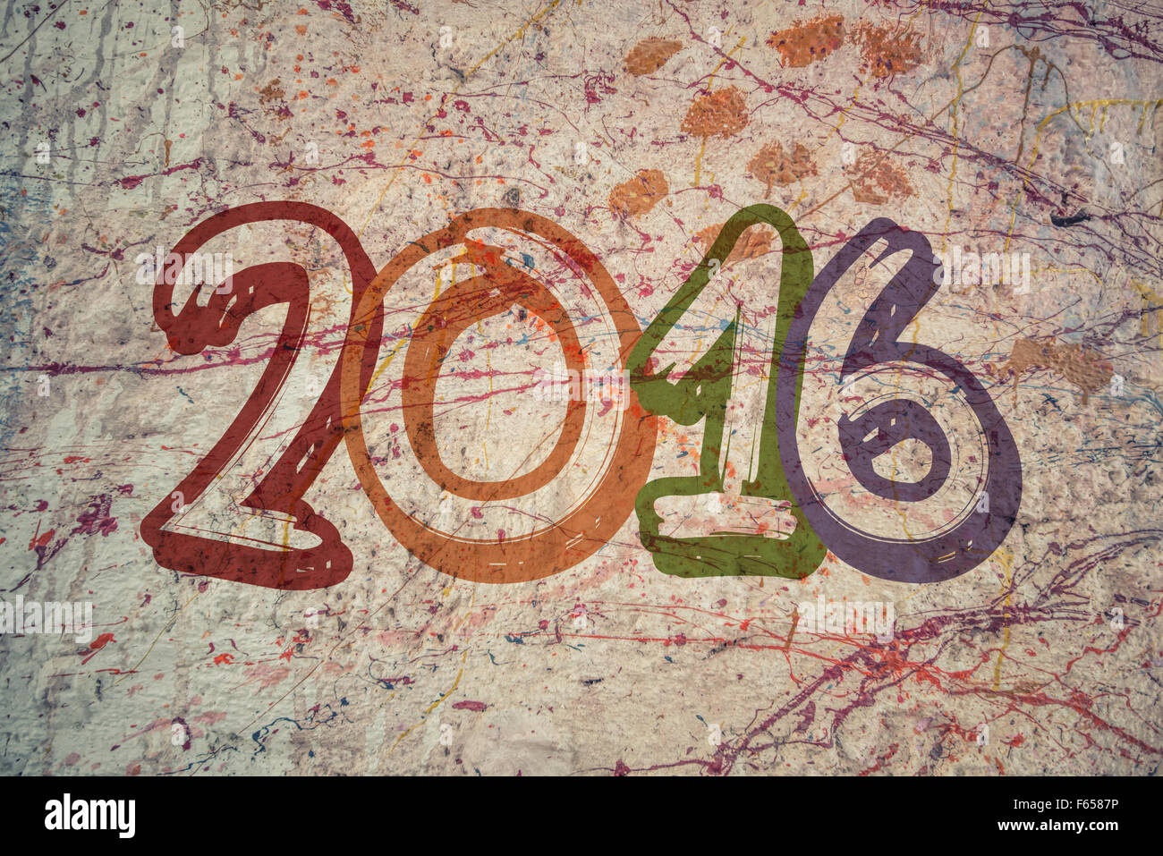 Gebäude-Maler hängen vom Kabelbaum Wandbemalung mit den Worten 2016 Stockfoto