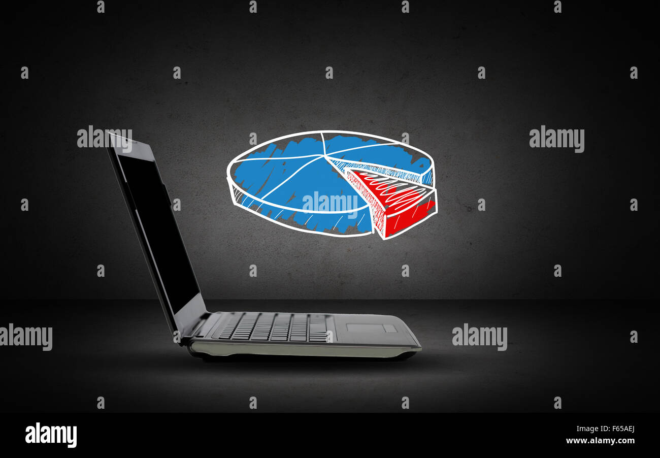 Laptop-Computer zu öffnen, mit Kreisdiagramm doodle Stockfoto