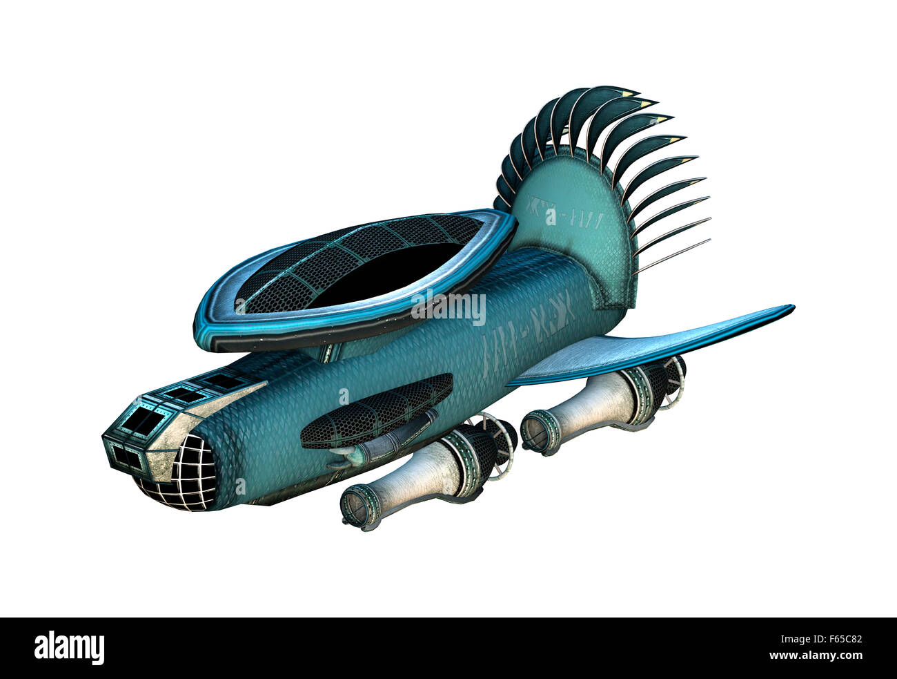 Digitale 3D Rendern eines Fantasy-Fracht-Raumschiffs isoliert auf weißem Hintergrund Stockfoto