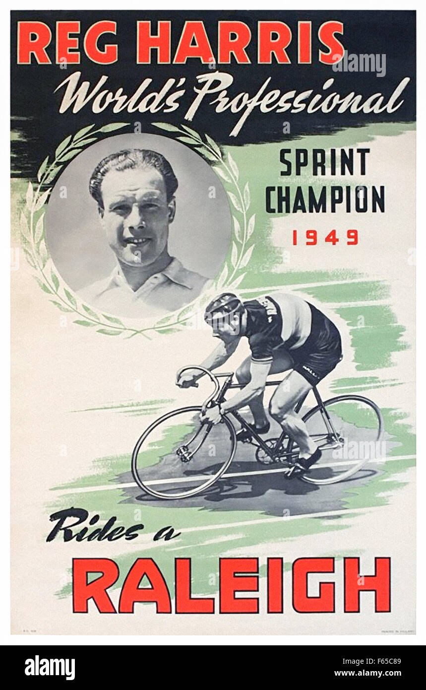Plakatwerbung Raleigh Fahrräder mit Reg Harris (1920-1992) von 1949, als er zuerst gewann die Weltmeisterschaft Sprint und fuhr fort, um 1950, 1951 und 1954 zu gewinnen. Stockfoto