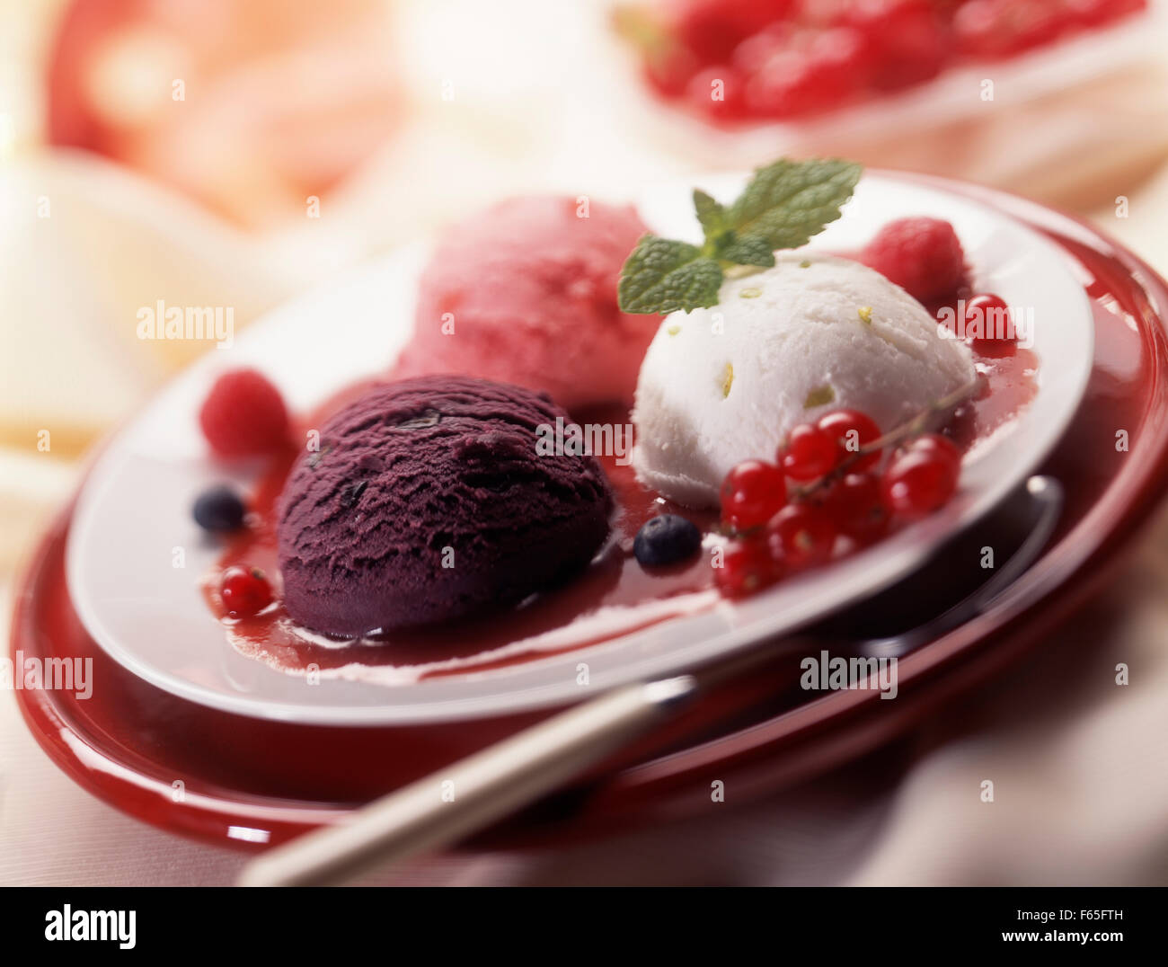 Platte von schwarzer Johannisbeere und Himbeereis Stockfoto