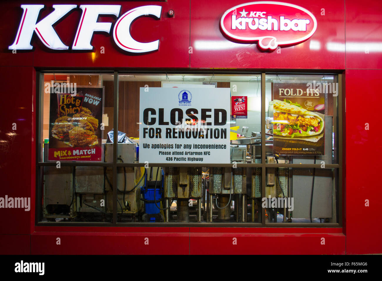 Sydney Australia 24. Oktober 2015: KFC-Fast-Food-Restaurant in der Vorstadt von Sydney Lindfield gesehen wegen Renovierungsarbeiten geschlossen. Stockfoto
