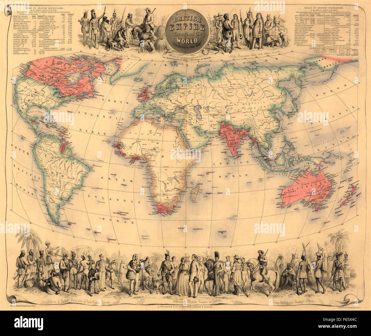 Karte von der Welt um 1870 mit Besitzungen des britischen Empire gefärbt rot.  Die Karte erschien zuerst in Fullartons Royal illustrierte Atlas, 1864 veröffentlicht. Stockfoto