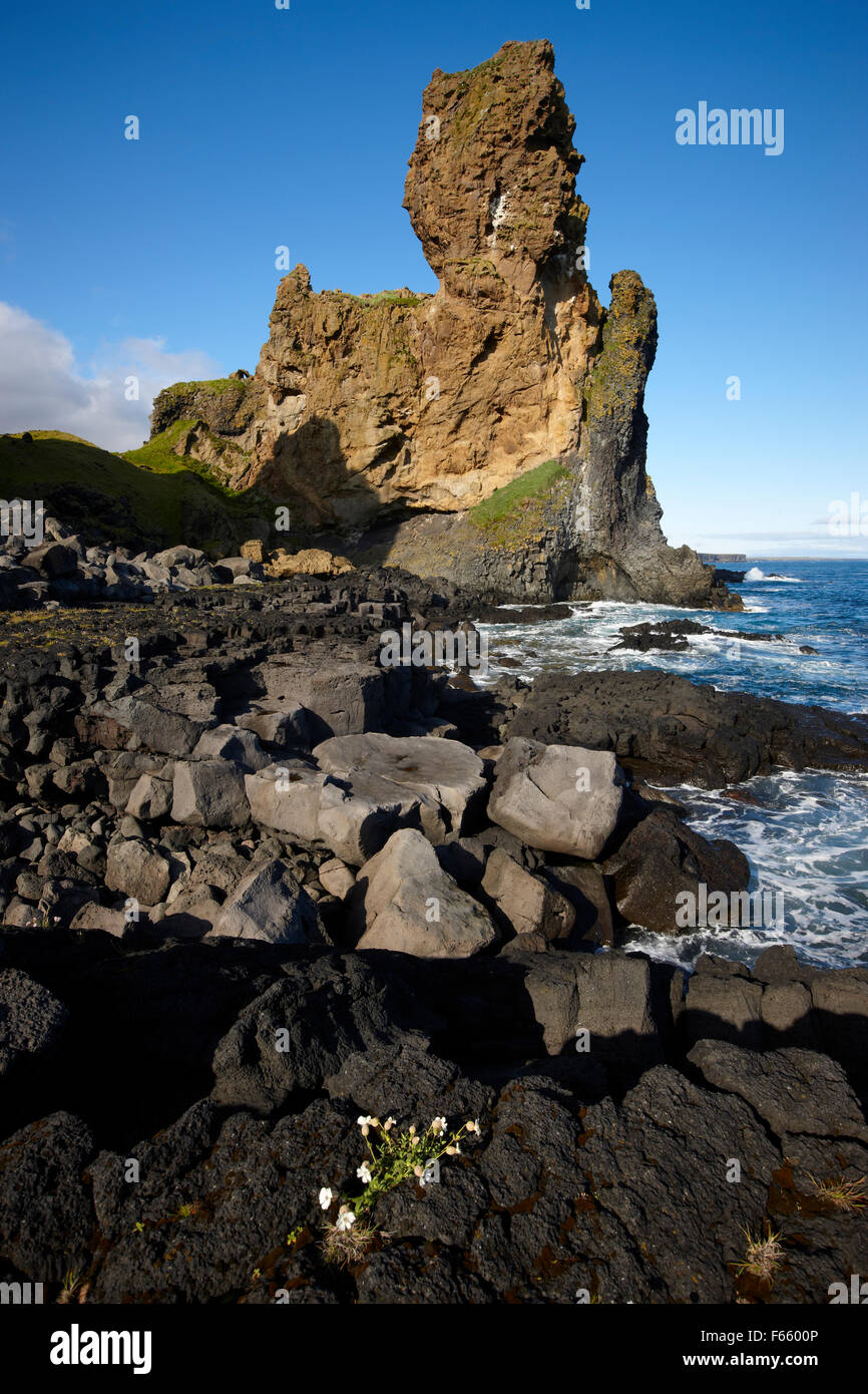 Basaltfelsen und Nord-Atlantik am Meeresküste Islands Stockfoto