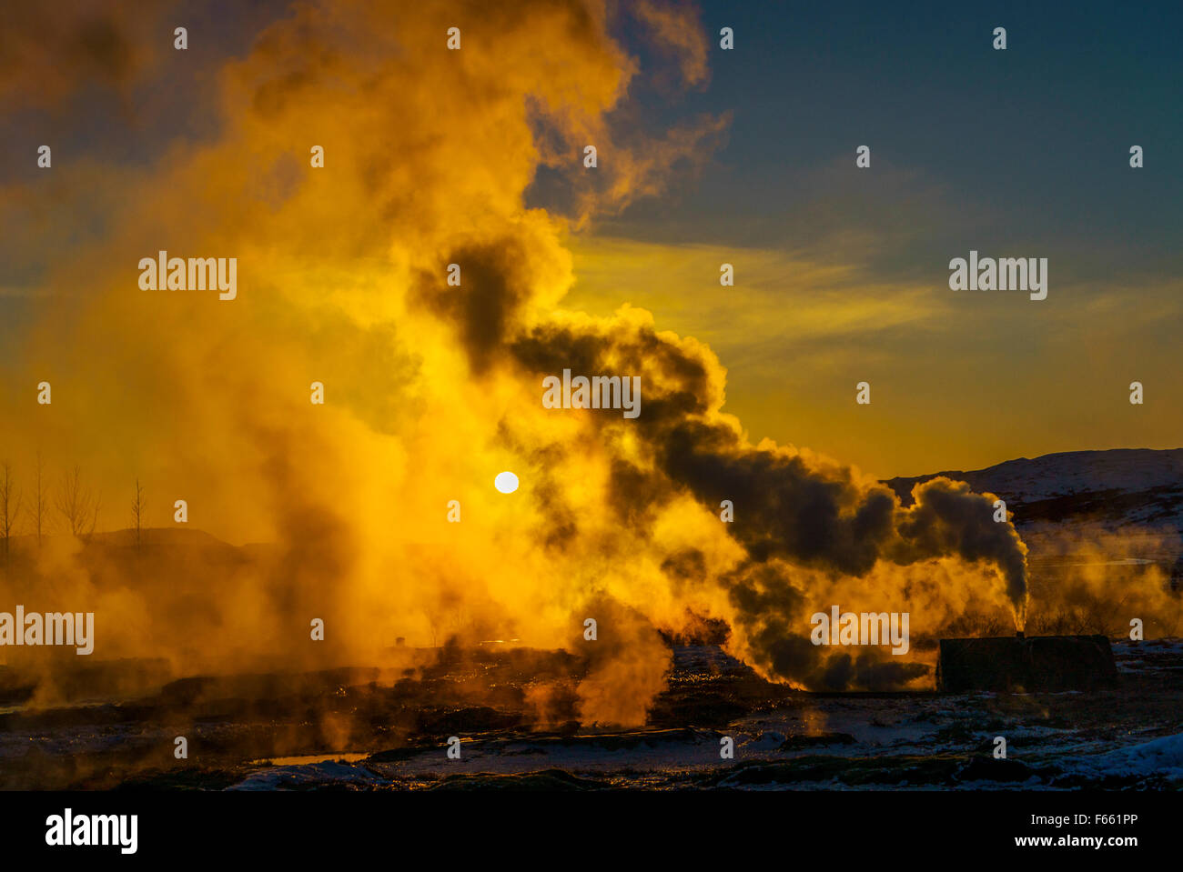 Strokkur und Geysir im Winter Island Stockfoto