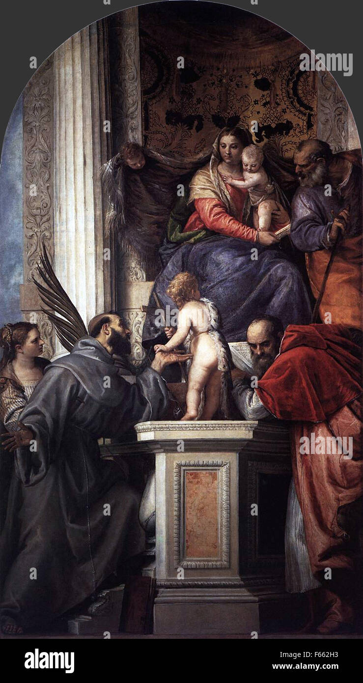 Paolo Veronese - thronende Madonna mit Kind, mit dem Säugling St. Johannes der Täufer und der Heiligen Stockfoto