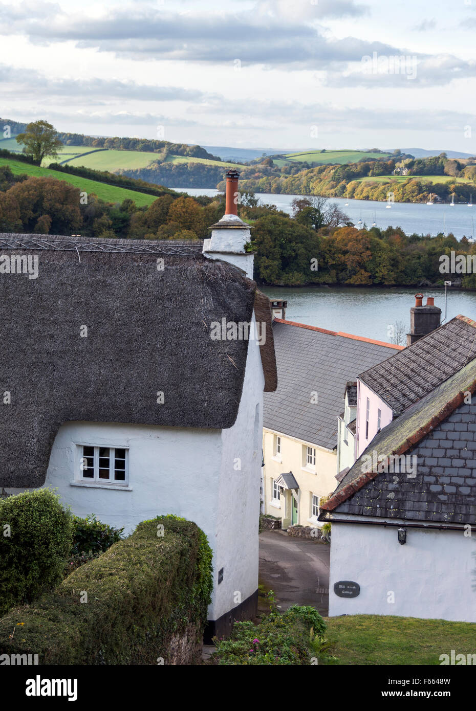 Auf dem Land in dem hübschen Dorf Dittisham in South Hams, Devon, England mit dem Fluss Dart darüber hinaus. Stockfoto