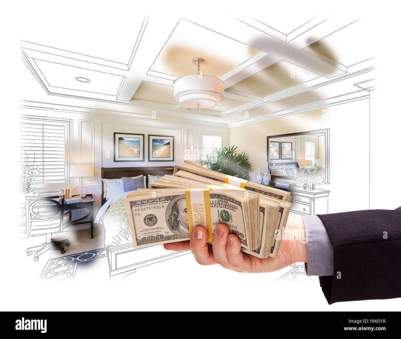 Mann Übergabe Stapel von Geld über Schlafzimmer Zeichnung Foto Kombination. Stockfoto