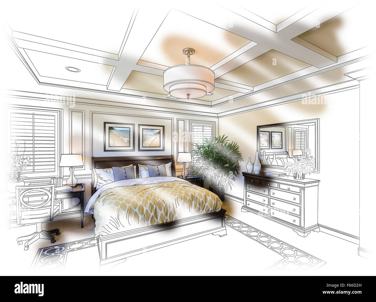 Schöne individuelles Schlafzimmer Design, Zeichnung und Foto-Kombination. Stockfoto