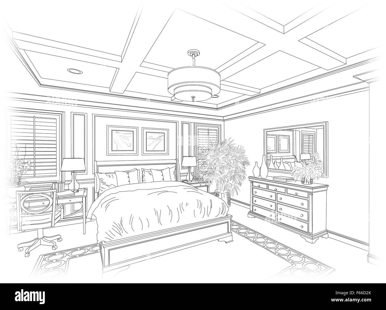 Detaillierte Zeichnung von einem schönen Schlafzimmer. Stockfoto