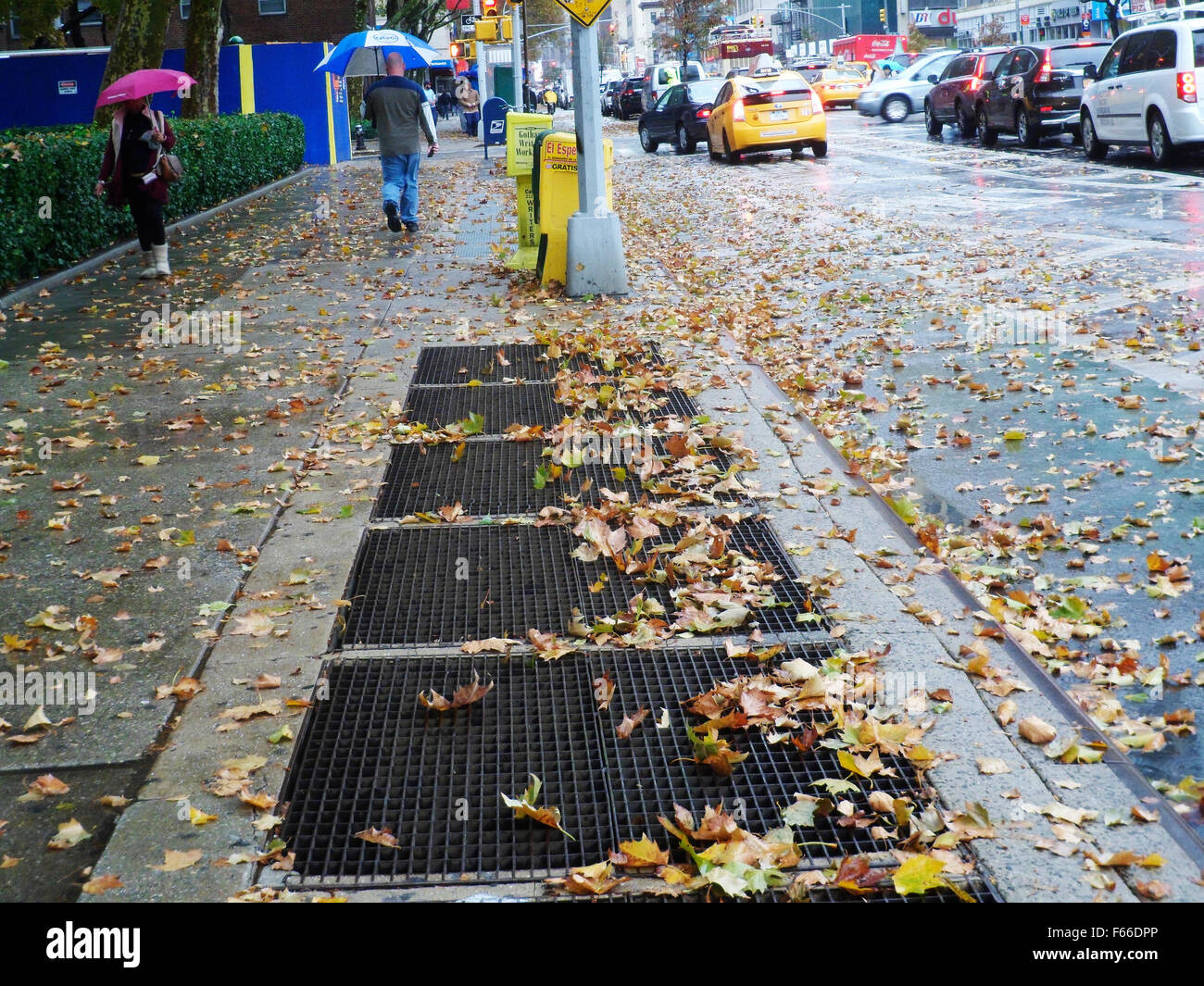 Herbstlaub warten auf Eighth Avenue im Stadtteil Chelsea in New York auf Dienstag, 10. November 2015 gefegt werden. (© Richard B. Levine) Stockfoto