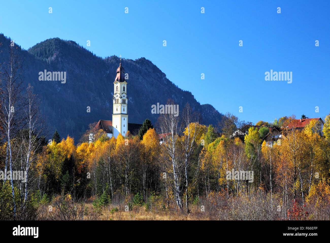 Blick auf die herbstliche Landschaft bei Pfronten, Bayern, Deutschland in schönstem Herbstwetter mit der Kirche St. Nikolaus in der front Stockfoto