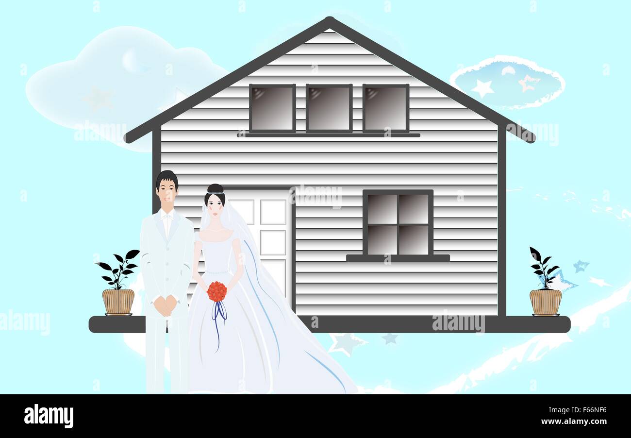 Brautpaar mit ihrem neuen Haus im Hintergrund Stock Vektor