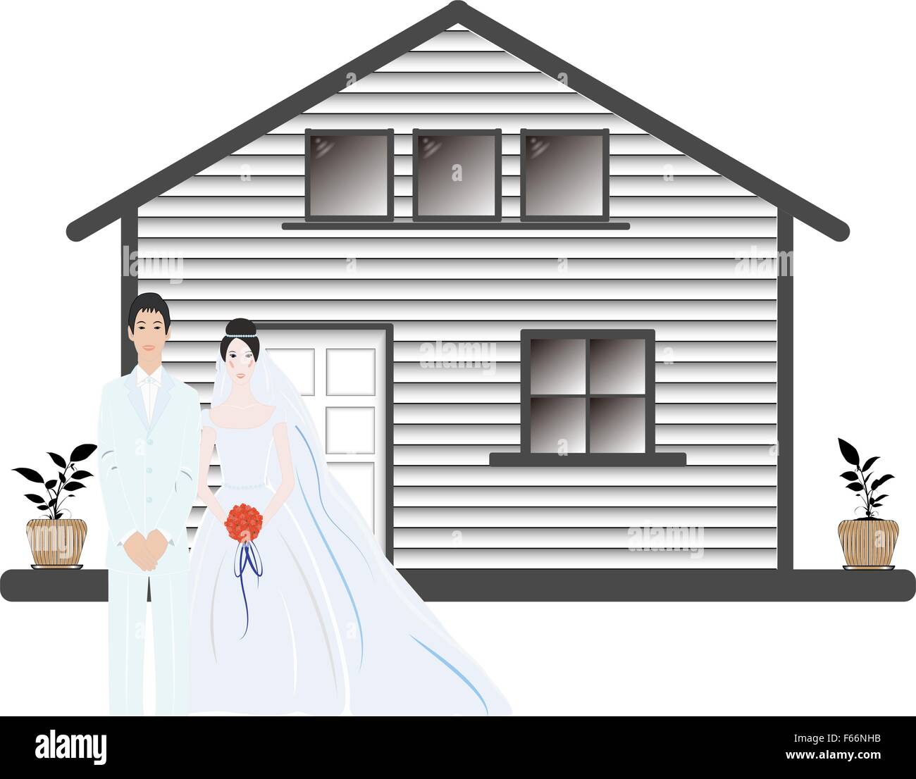 Brautpaar mit ihrem neuen Haus im Hintergrund Stock Vektor