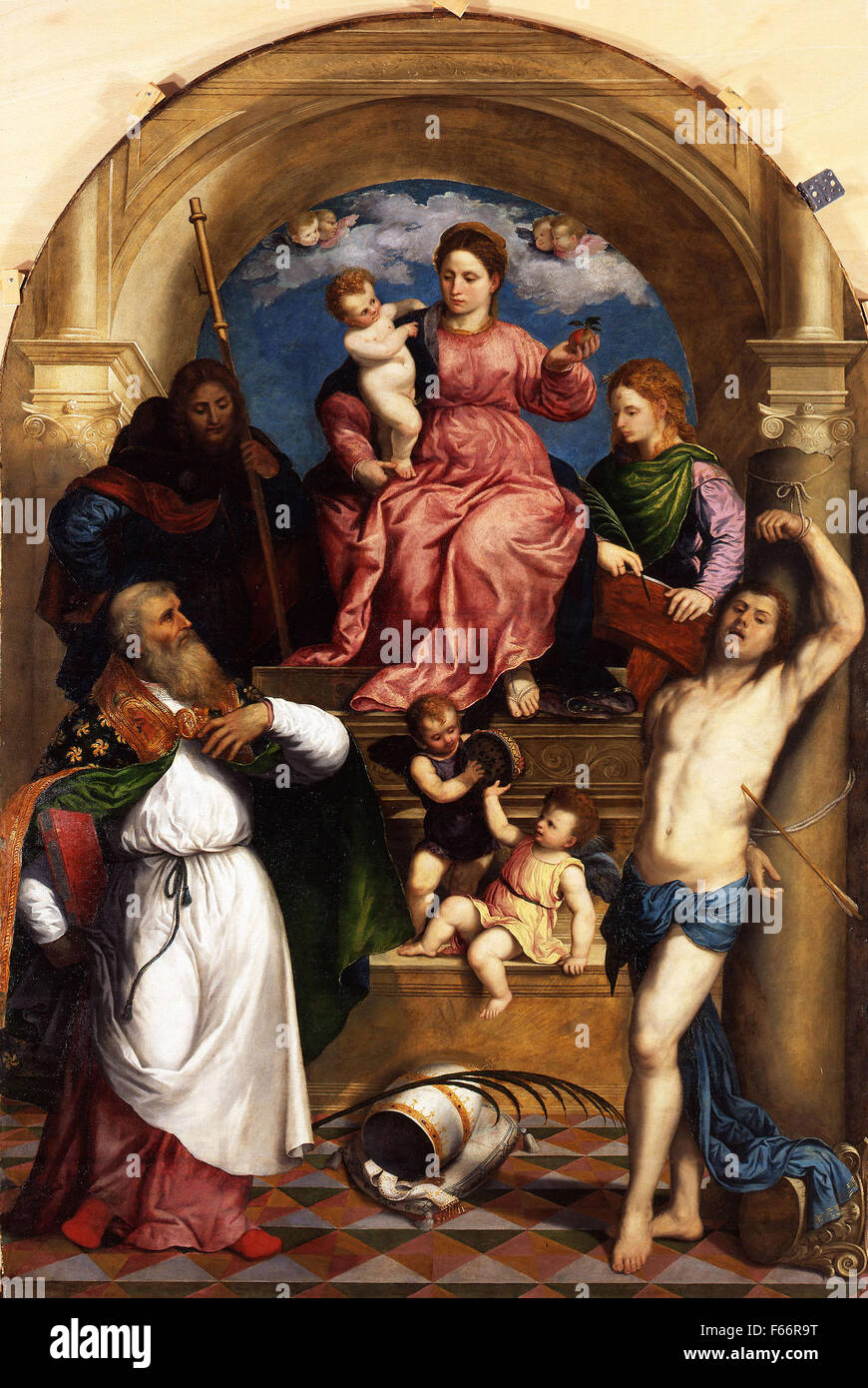 Besançon Bordone - thronende Madonna mit Kind und Heiligen Stockfoto
