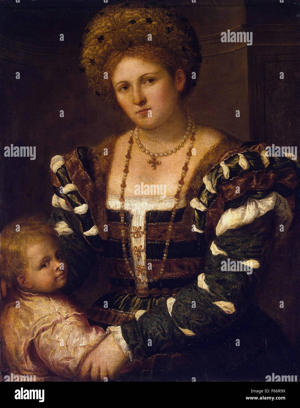 Besançon Bordone - Porträt einer Dame mit einem jungen Stockfoto