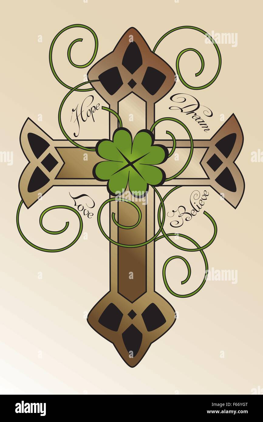Tattoo-Design mit Hand gezeichnet irische Kreuz, vier-Blatt Klee und handgeschriebenen Text "hoffen, träumen, lieben, glauben" - schöne Illus Stock Vektor