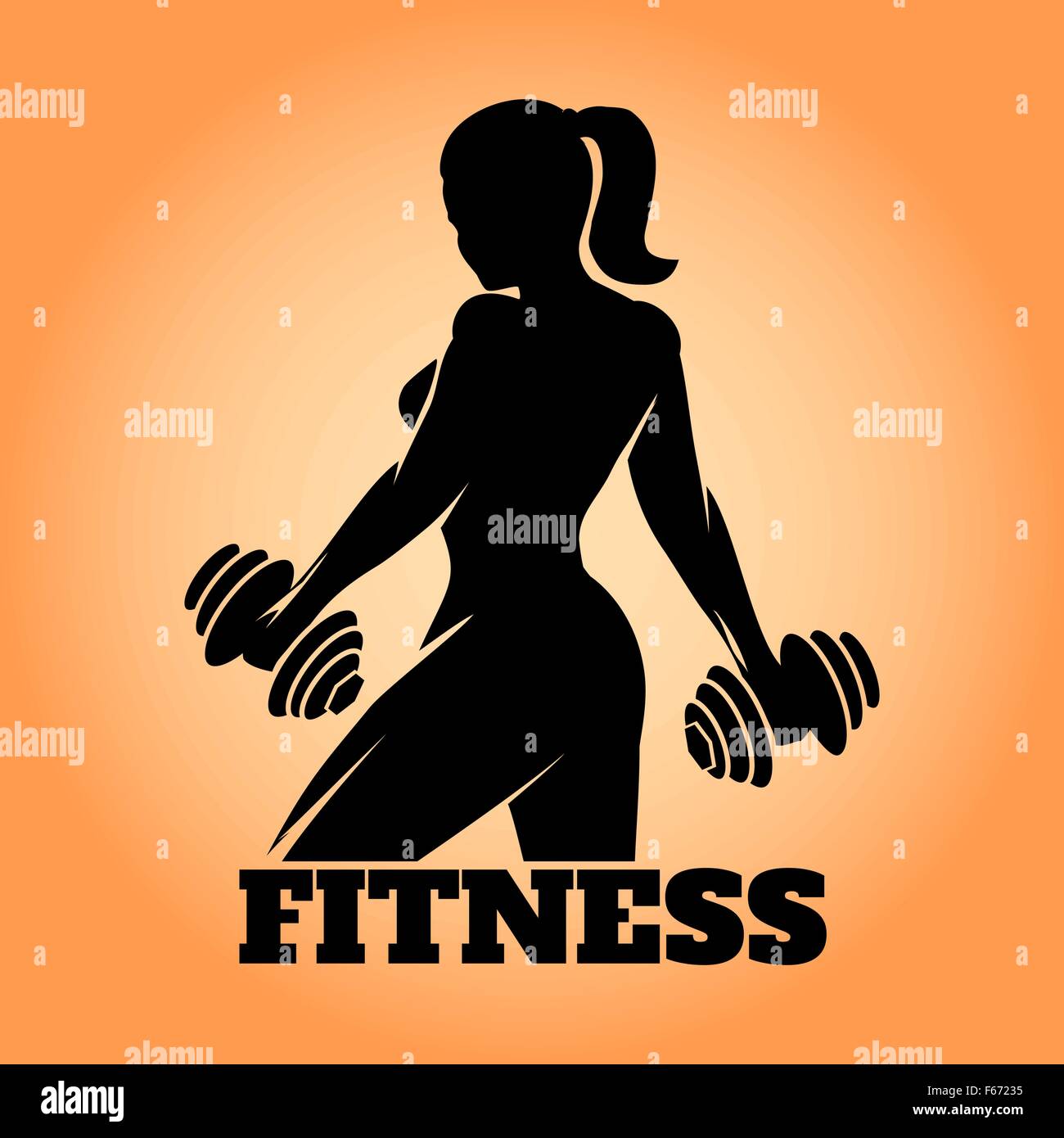 Fitness Club, Fitness-Studio Banner oder Poster Design. Silhouette der sportlichen Frau mit Hanteln. Kostenlose Schriftart verwendet. Stock Vektor