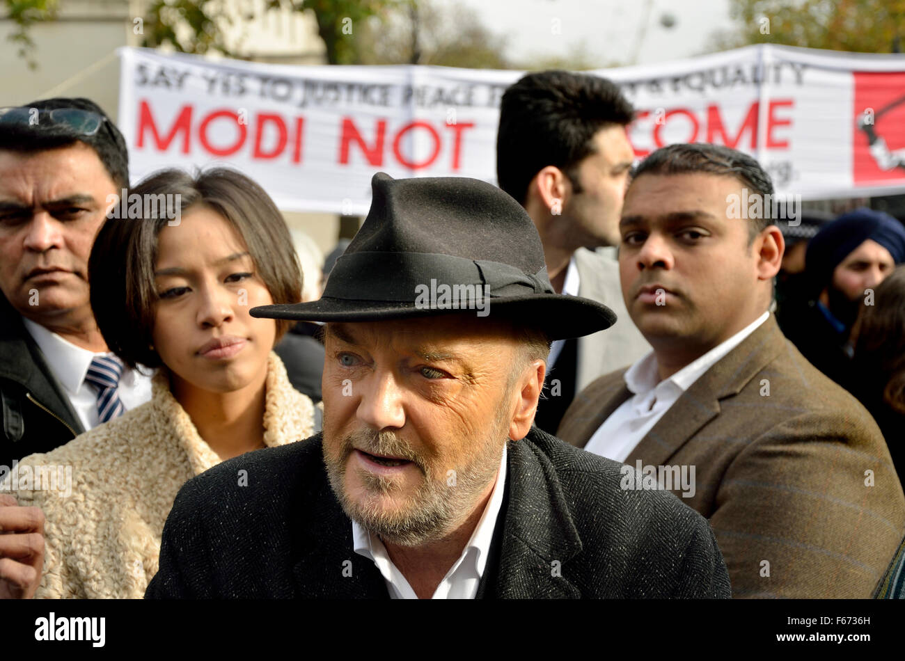 George Galloway, unabhängiger Kandidat für Londoner Bürgermeister 2016 schließt sich Demonstranten während der indische Premierminister Modis London zu besuchen Stockfoto