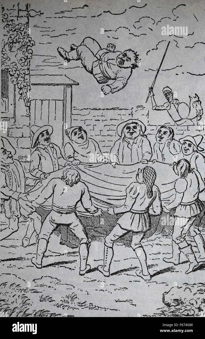 Don Quijote. Spanischen Roman von Miguel de Cervantes. 1605-1615. Gravur. Sancho Panza geworfen in eine Decke von einer Bande von Schurken. Stockfoto