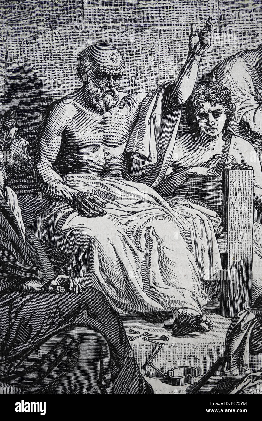 Tod des klassischen griechischen Philosophen Sokrates (469-399 v. Chr.). Kupferstich, 19. Jahrhundert. Stockfoto