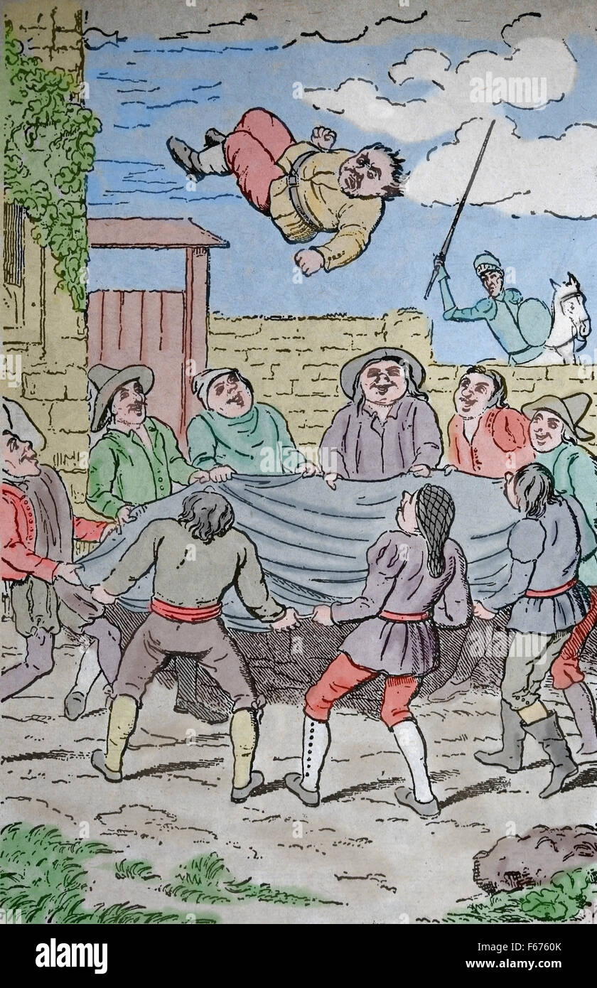 Don Quijote. Spanischen Roman von Miguel de Cervantes. 1605-1615. Gravur. Sancho Panza geworfen in eine Decke von einer Bande von Schurken. Stockfoto