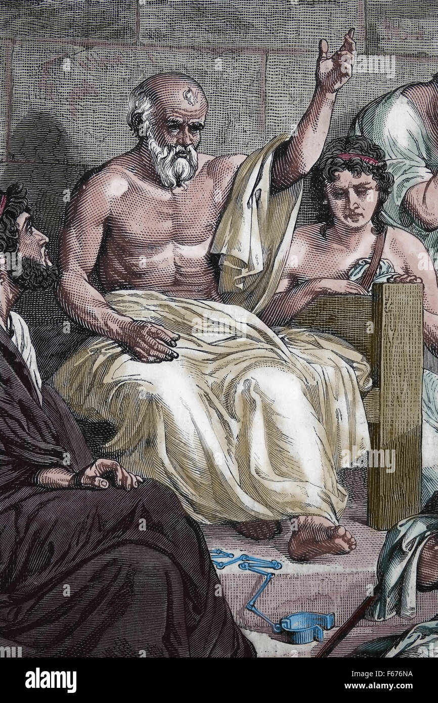 Tod des klassischen griechischen Philosophen Sokrates (469-399 v. Chr.). Kupferstich, 19. Jahrhundert. Spätere Färbung. Stockfoto