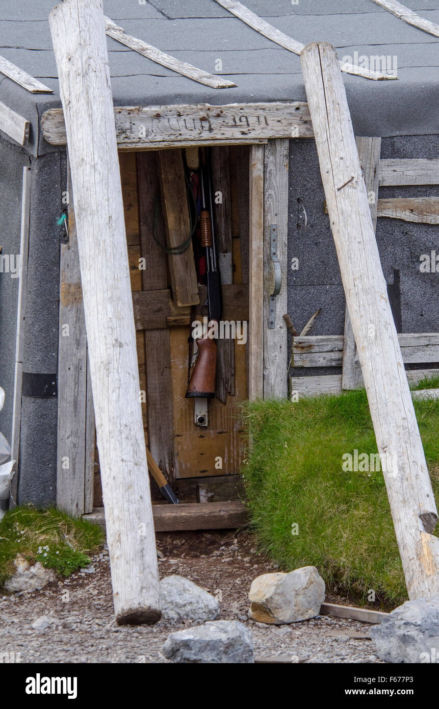 Norwegen, Spitzbergen, Hornsund, Gnalodden. Historischen Hütte von berühmten weiblichen Jäger und Trapper, Wanny Woldstad, 5 Jahre benutzt. Stockfoto