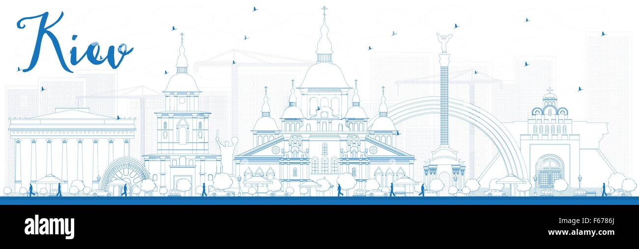 Umriss Kiew Skyline mit blauen Wahrzeichen. Vektor-Illustration. Business-Reisen und Tourismus-Konzept mit historischen Gebäuden. IMAG Stock Vektor