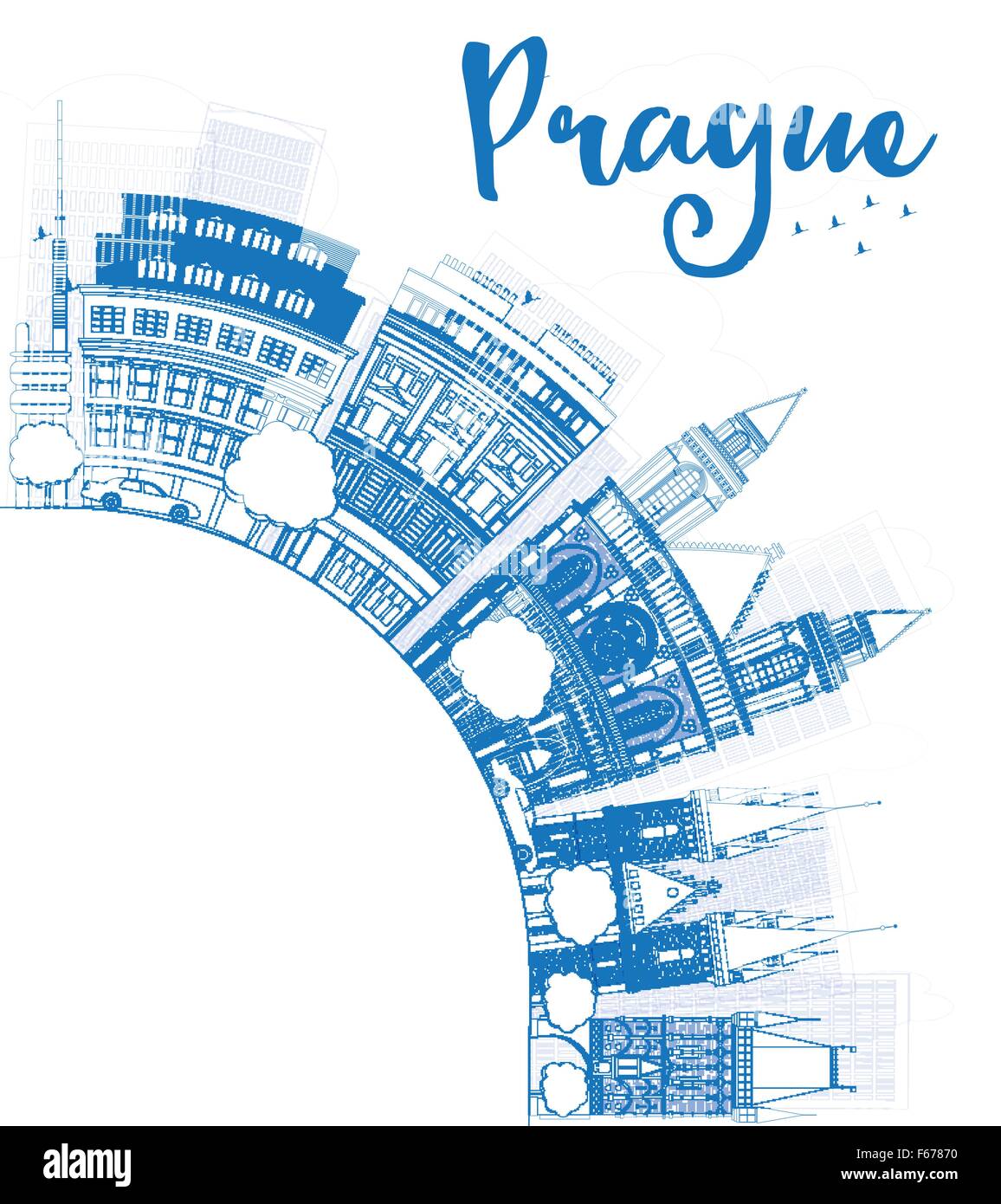 Umriss Prag mit blauen Wahrzeichen und textfreiraum Skyline. Vektor-Illustration. Wirtschaft und Tourismus-Konzept mit alten Gebäuden. Stock Vektor