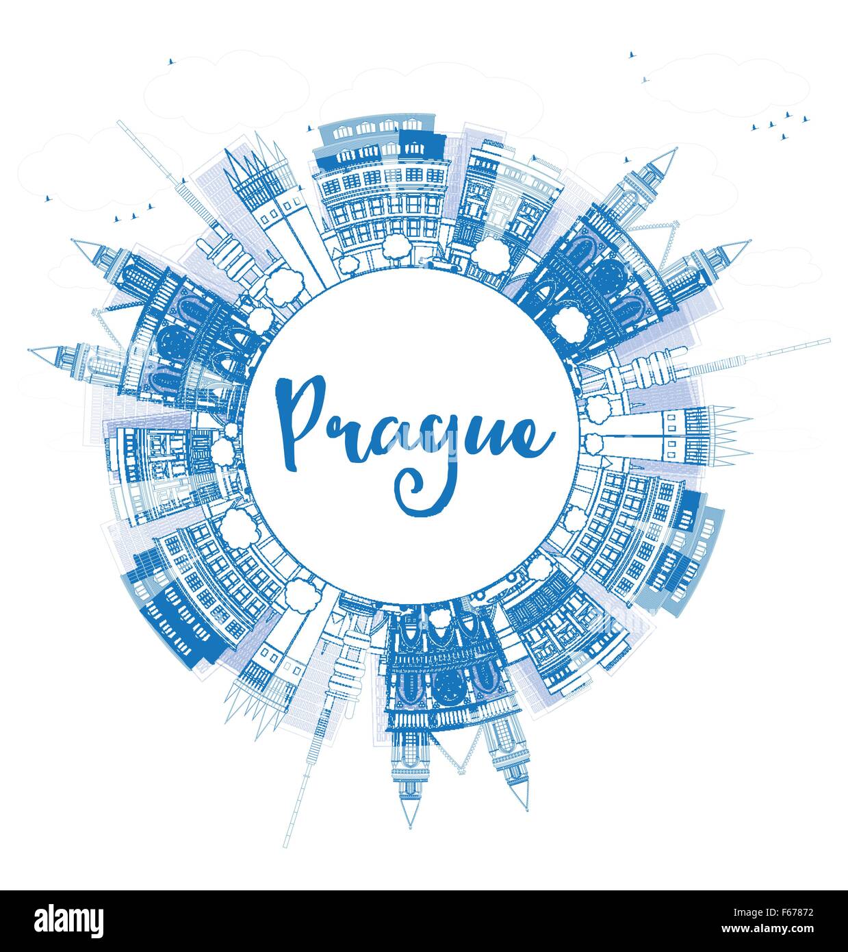 Umriss Prag mit blauen Wahrzeichen und textfreiraum Skyline. Vektor-Illustration. Wirtschaft und Tourismus-Konzept mit alten Gebäuden. Stock Vektor