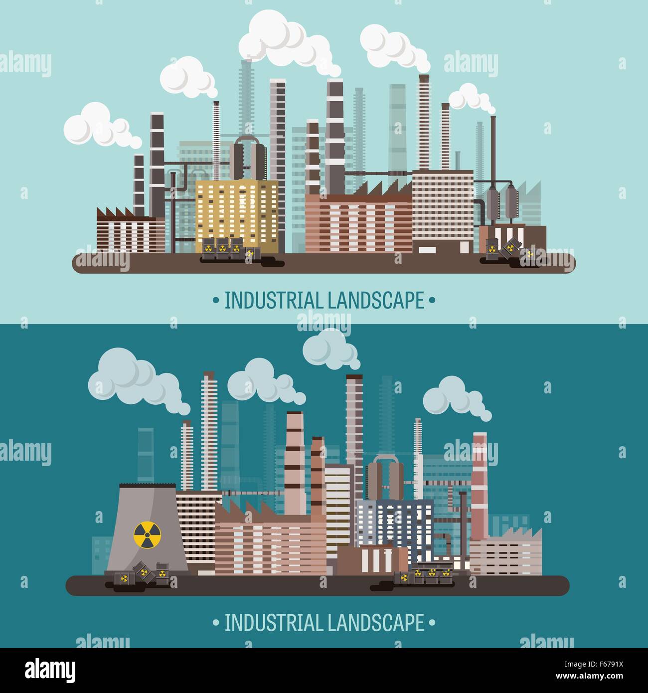 Vektor-Illustration. Urbanisierung. Industrielle Revolution. Rohr. Die Luftverschmutzung. Öl und Gas, Kraftstoff. Stock Vektor